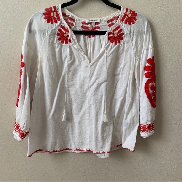 Madewell embroidered white/red boho peasant top - Picture 4 of 6